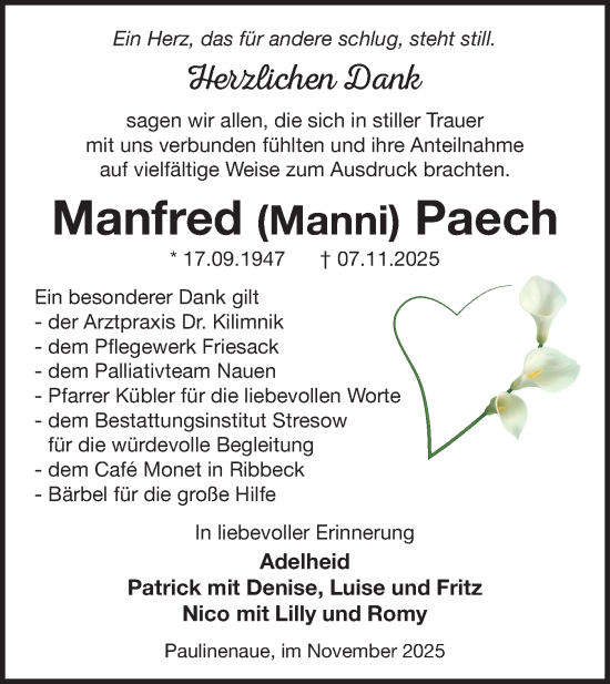 Traueranzeige von Manfred Paech von Märkische Oderzeitung