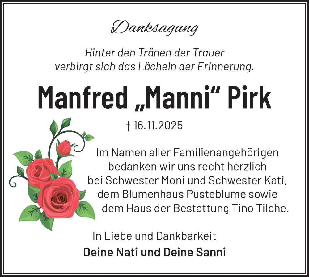  Traueranzeige für Manfred Pirk vom 06.12.2025 aus Märkische Oderzeitung