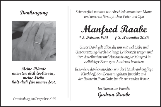Traueranzeige von Manfred Raabe von Märkische Oderzeitung