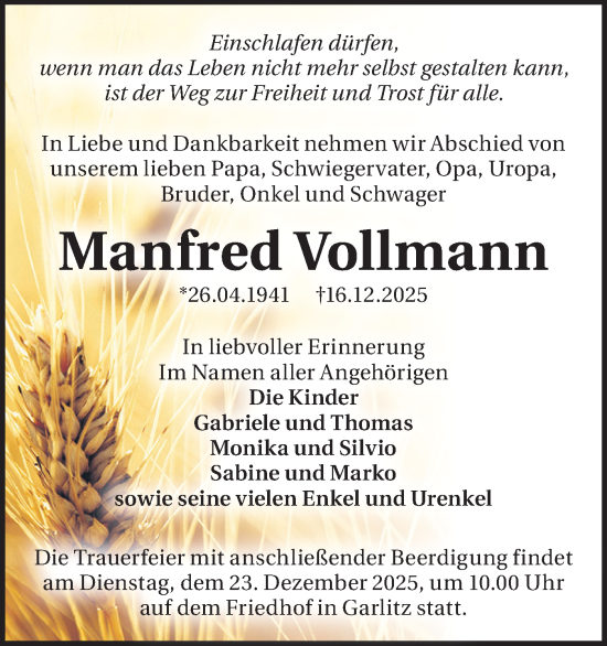 Traueranzeige von Manfred Vollmann von Märkische Oderzeitung