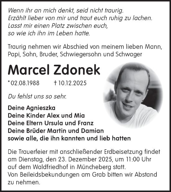 Traueranzeige von Marcel Zdonek von Märkische Oderzeitung