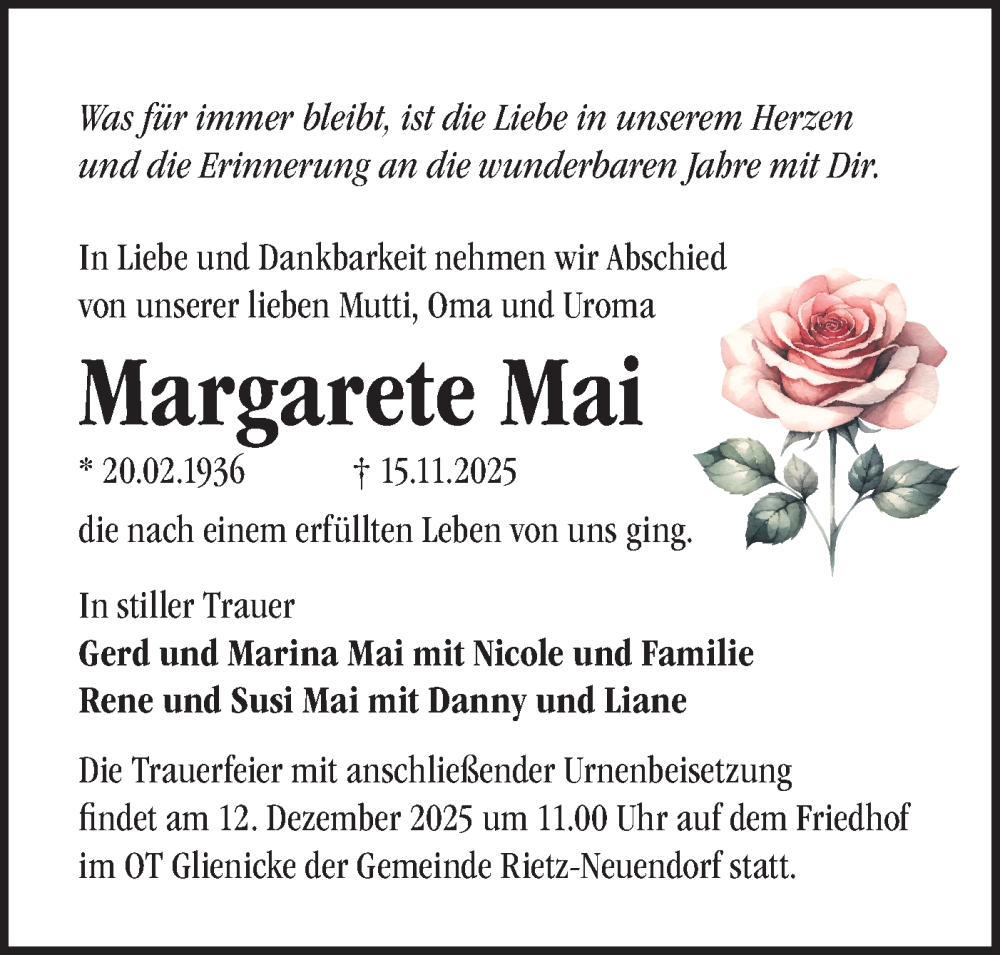  Traueranzeige für Margarete Mai vom 06.12.2025 aus Märkische Oderzeitung