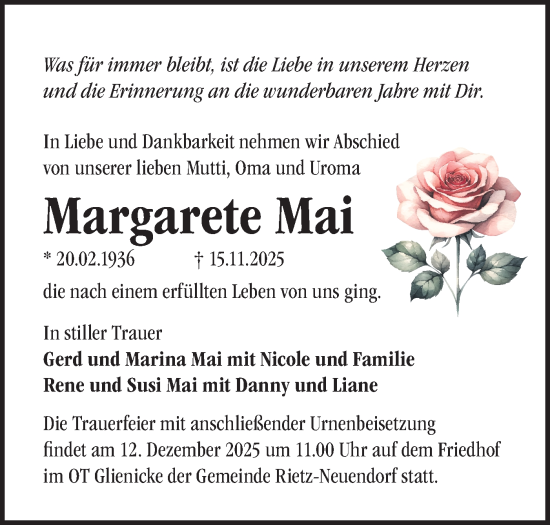 Traueranzeige von Margarete Mai von Märkische Oderzeitung