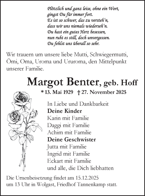 Traueranzeige von Margot Benter von MO Uckerm.-Anz.