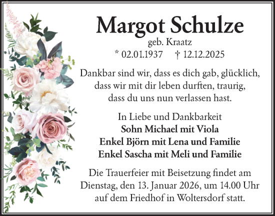 Traueranzeige von Margot Schulze von Märkische Oderzeitung
