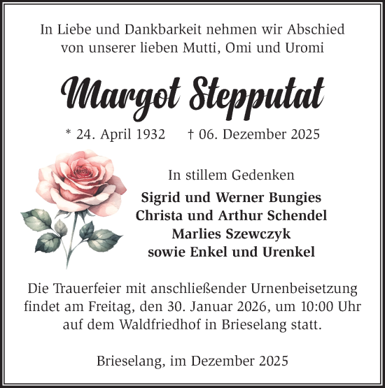 Traueranzeige von Margot Stepputat von Märkische Oderzeitung