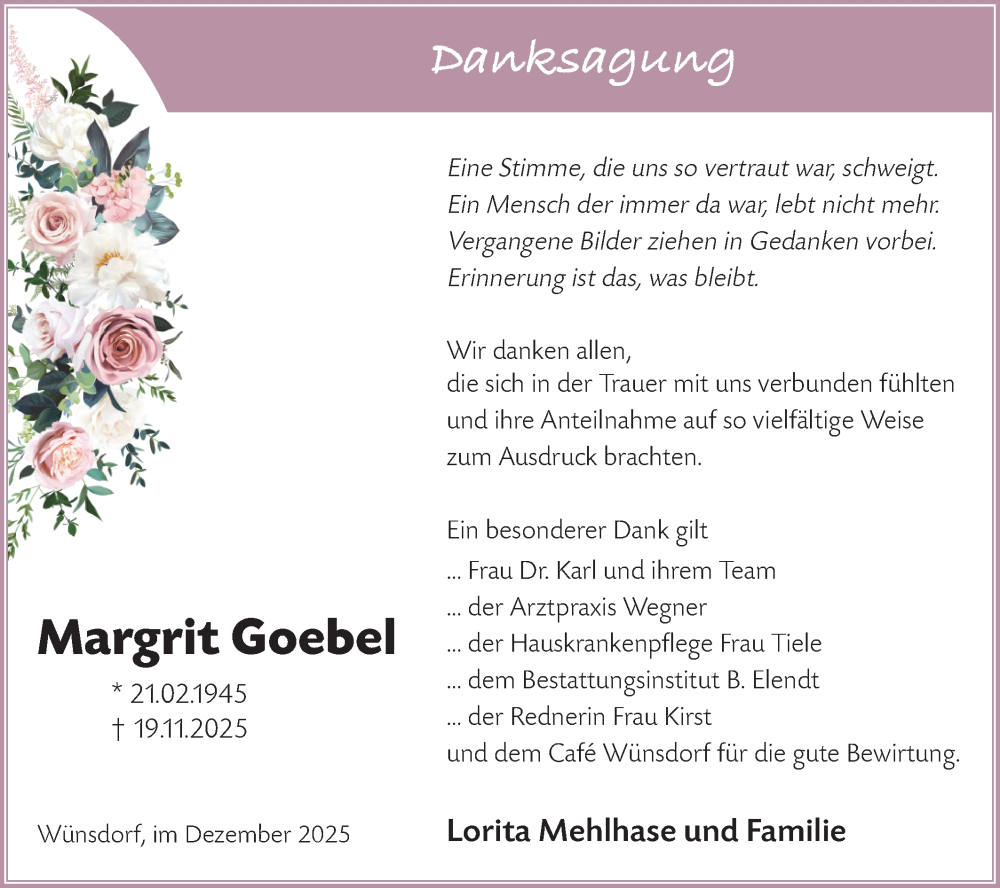  Traueranzeige für Margrit Goebel vom 20.12.2025 aus Blickpunkt Ludwigsfelde/Zossen