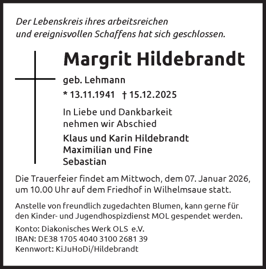 Traueranzeige von Margrit Hildebrandt von MO Oderld.-Echo