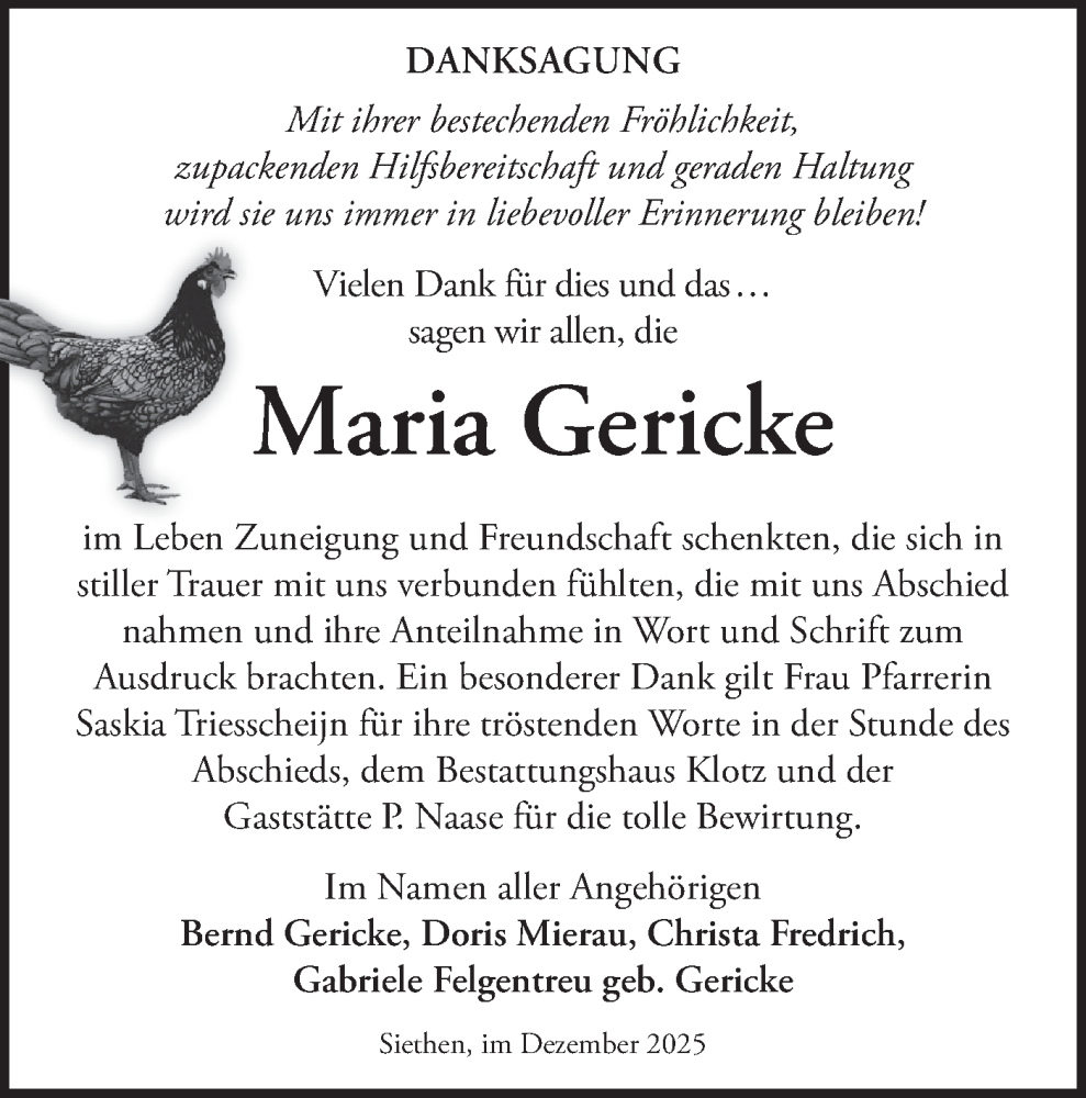  Traueranzeige für Maria Gericke vom 13.12.2025 aus Blickpunkt Ludwigsfelde/Zossen