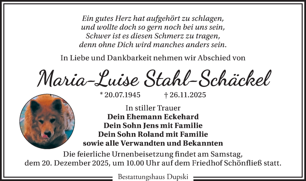  Traueranzeige für Maria-Luise Stahl-Schäckel vom 13.12.2025 aus Märkische Oderzeitung