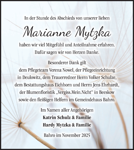 Traueranzeige von Marianne Mytzka von Märkische Oderzeitung