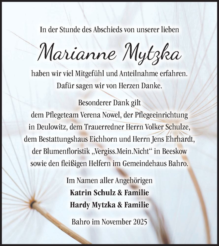  Traueranzeige für Marianne Mytzka vom 06.12.2025 aus Märkische Oderzeitung