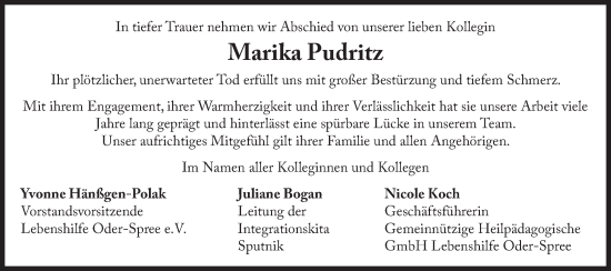 Traueranzeige von Marika Pudritz von Märkische Oderzeitung
