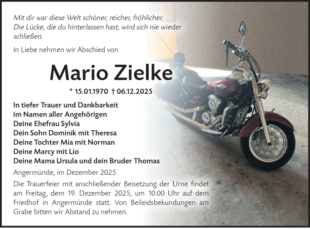  Traueranzeige für Mario Zielke vom 13.12.2025 aus MO Uckerm.-Anz.