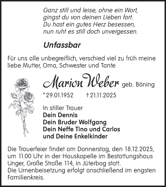 Traueranzeige von Marion Weber von Blickpunkt Jüterbog/Luckenwalde