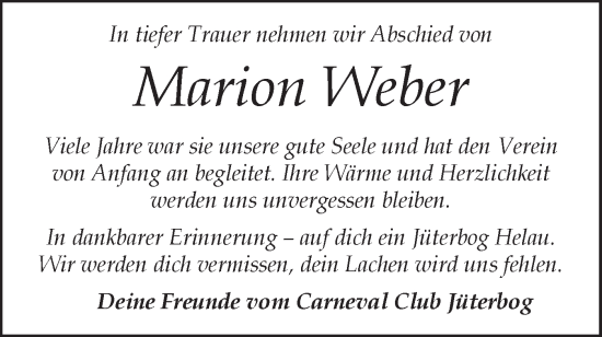 Traueranzeige von Marion Weber von Blickpunkt Jüterbog/Luckenwalde