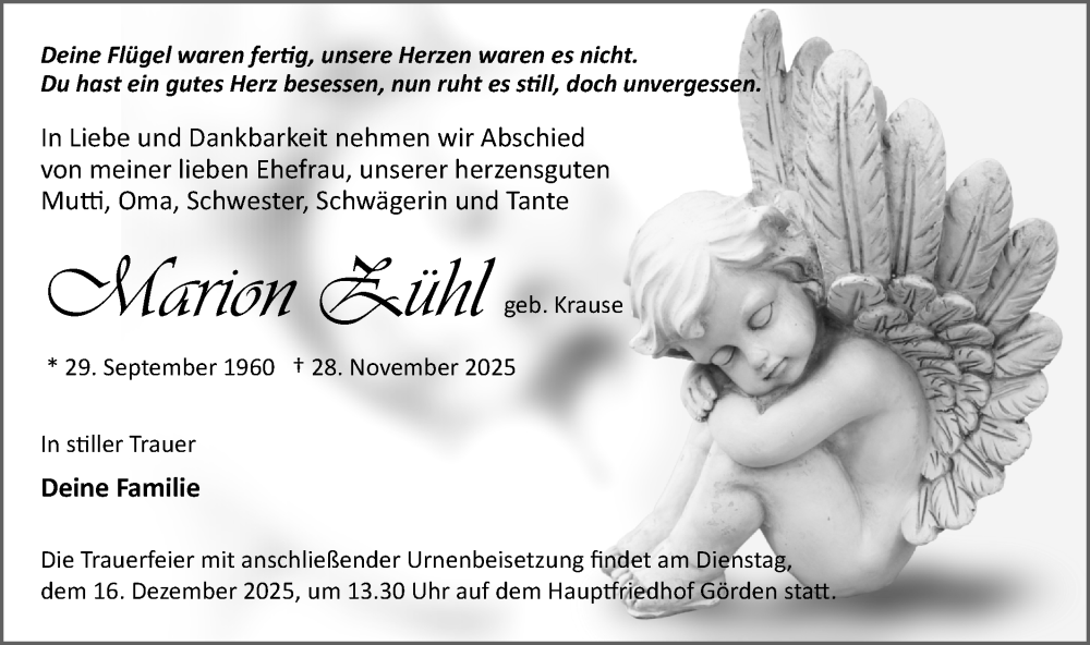  Traueranzeige für Marion Zühl vom 13.12.2025 aus Märkische Oderzeitung
