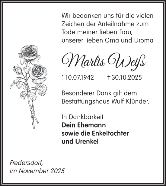 Traueranzeige von Marlis Weiß von Märkische Oderzeitung