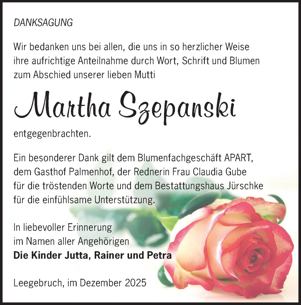  Traueranzeige für Martha Szepanski vom 06.12.2025 aus Märkische Oderzeitung