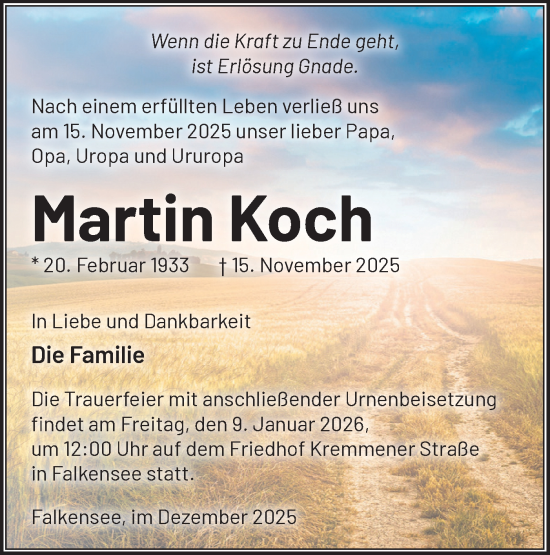 Traueranzeige von Martin Koch von Märkische Oderzeitung