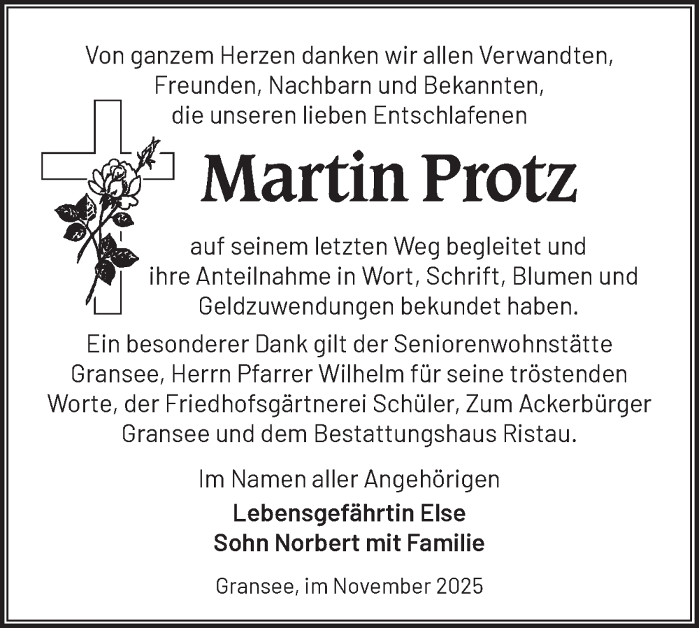  Traueranzeige für Martin Protz vom 06.12.2025 aus Märkische Oderzeitung