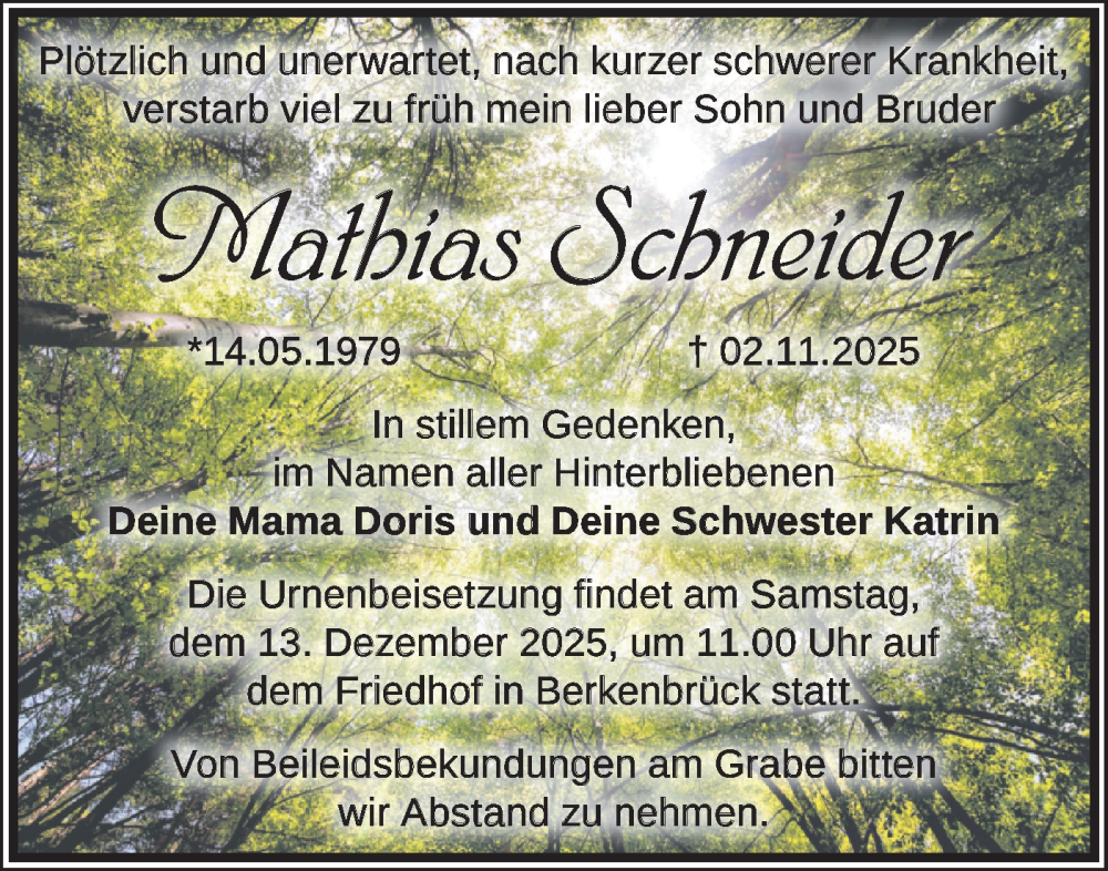  Traueranzeige für Mathias Schneider vom 06.12.2025 aus Märkische Oderzeitung