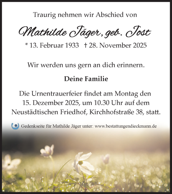 Traueranzeige von Mathilde Jäger von Märkische Oderzeitung