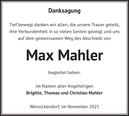 Traueranzeige von Max Mahler von Märkische Oderzeitung