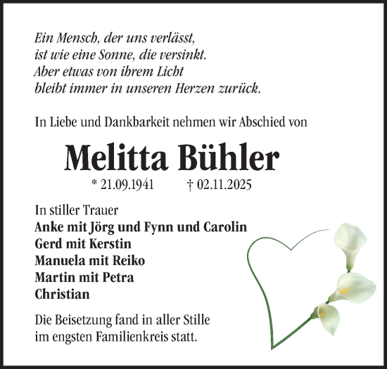 Traueranzeige von Melitta Bühler von Märkische Oderzeitung