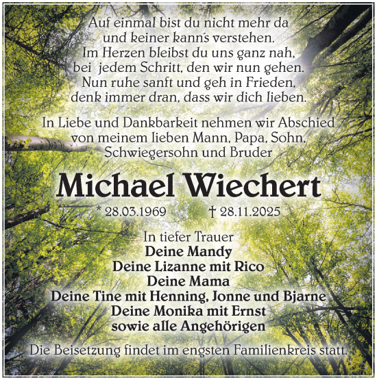 Traueranzeige von Michael Wiechert von Märkische Oderzeitung