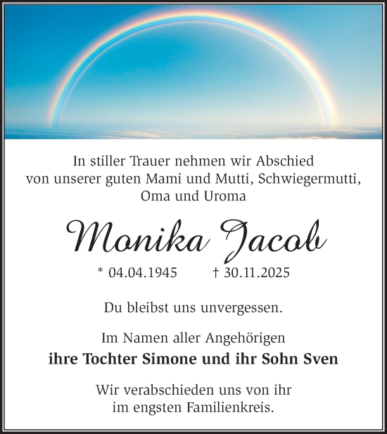 Traueranzeige von Monika Jacob von Märkische Oderzeitung