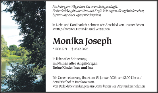 Traueranzeige von Monika Joseph von Märkische Oderzeitung