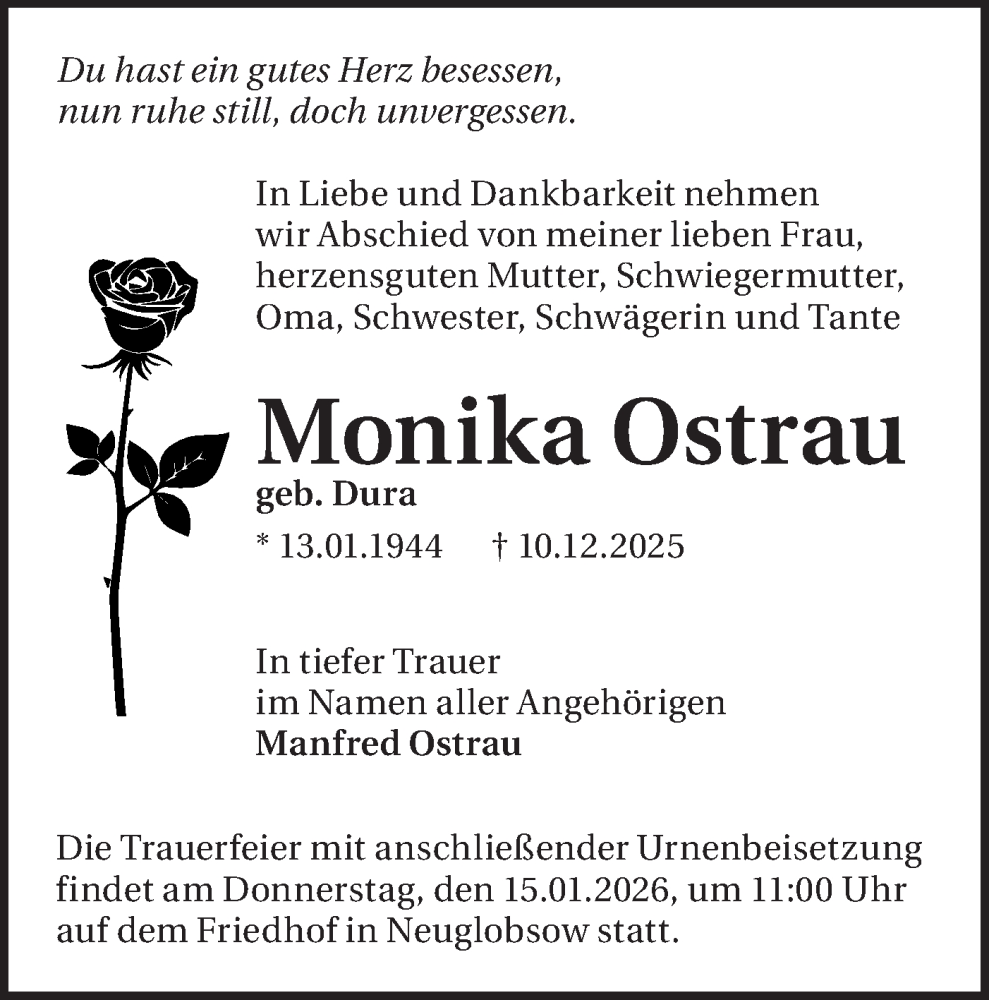  Traueranzeige für Monika Ostrau vom 17.12.2025 aus Märkische Oderzeitung