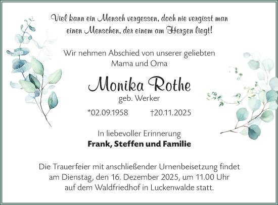 Traueranzeige von Monika Rothe von Blickpunkt Jüterbog/Luckenwalde