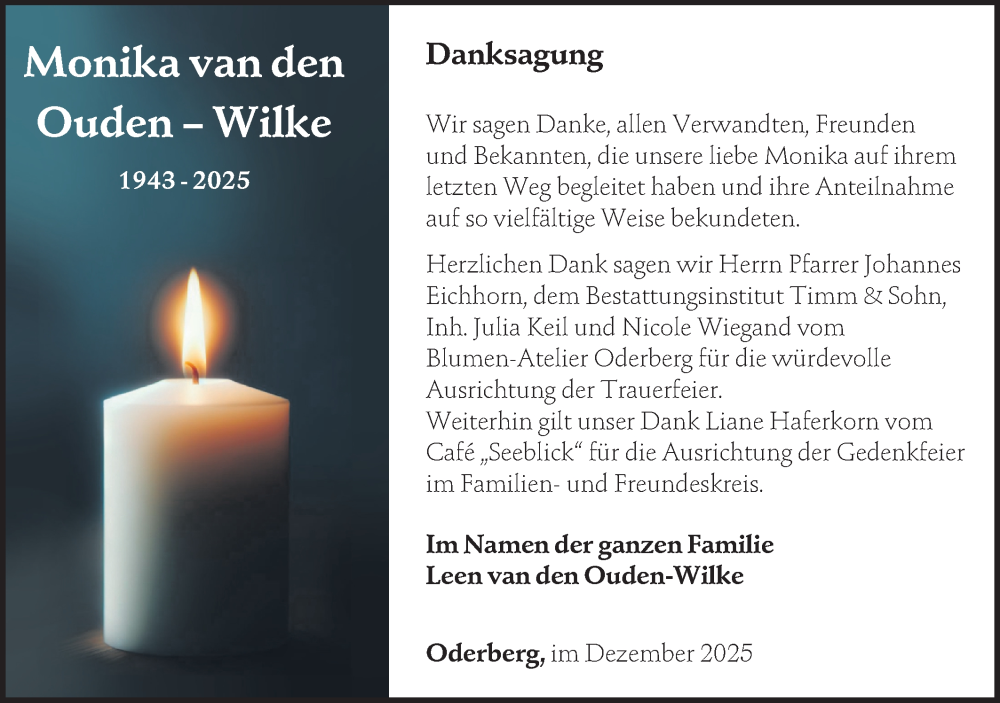  Traueranzeige für Monika van den Ouden-Wilke vom 20.12.2025 aus Märkische Oderzeitung