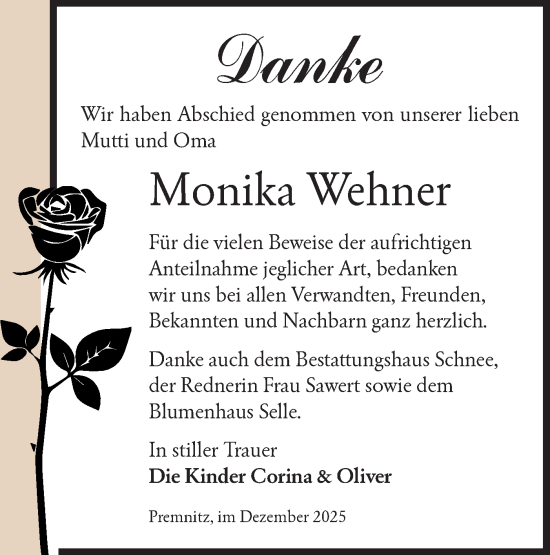 Traueranzeige von Monika Wehner von Märkische Oderzeitung
