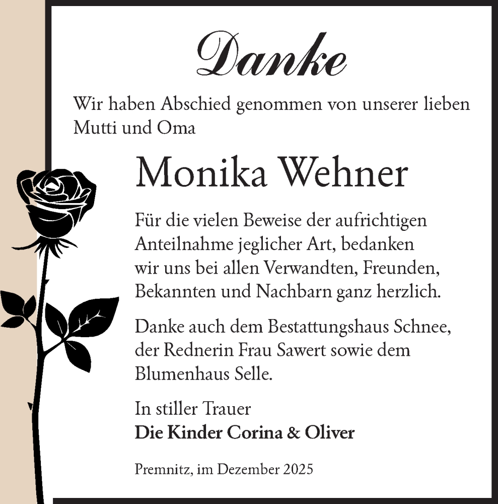  Traueranzeige für Monika Wehner vom 27.12.2025 aus Märkische Oderzeitung