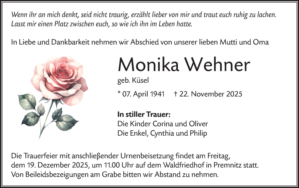  Traueranzeige für Monika Wehner vom 13.12.2025 aus Märkische Oderzeitung