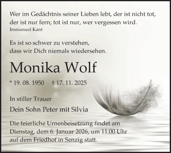 Traueranzeige von Monika Wolf von Blickpunkt Königs Wusterhausen