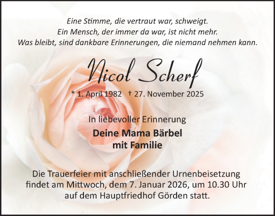 Traueranzeige von Nicol Scherf von Märkische Oderzeitung