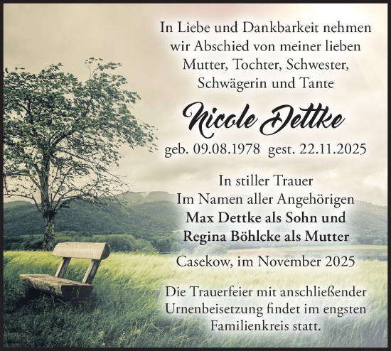 Traueranzeige von Nicole Dettke von MO Uckerm.-Anz.