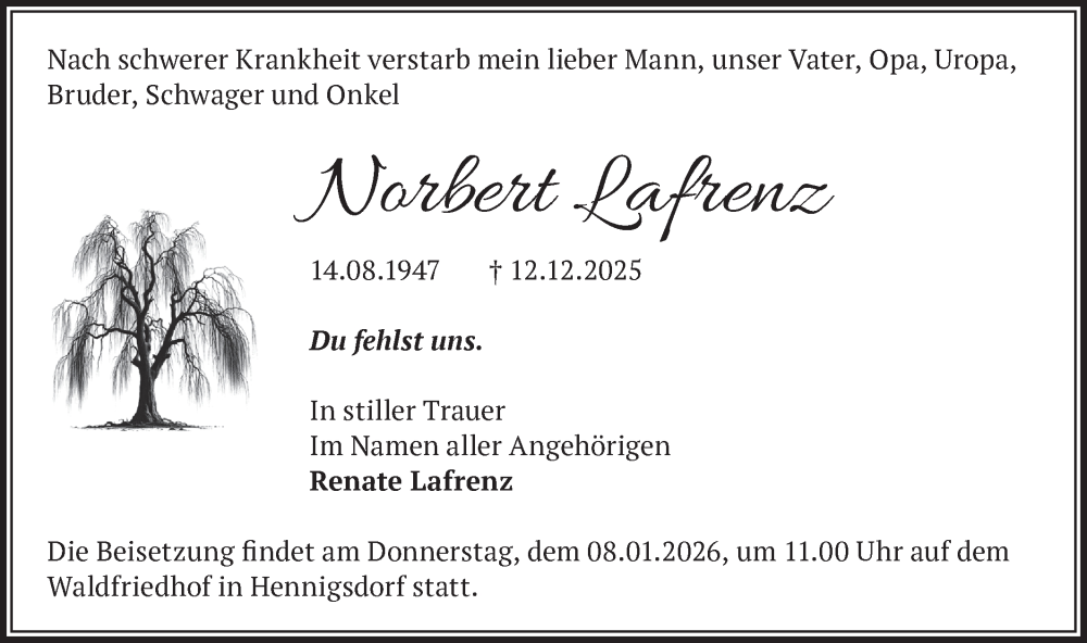  Traueranzeige für Norbert Lafrenz vom 20.12.2025 aus Märkische Oderzeitung