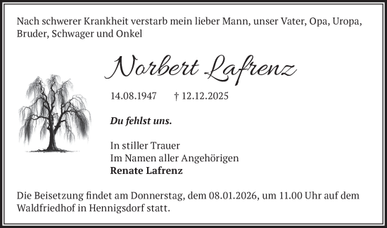 Traueranzeige von Norbert Lafrenz von Märkische Oderzeitung