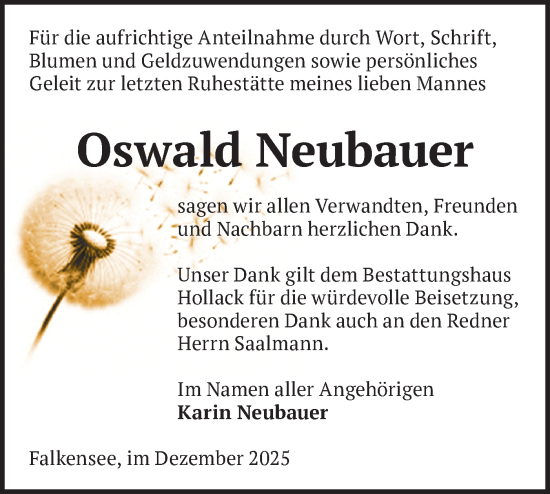 Traueranzeige von Oswald Neubauer von Märkische Oderzeitung