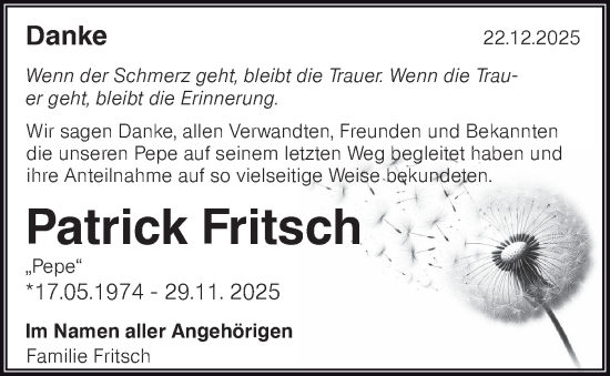 Traueranzeige von Patrick Fritsch von Märkische Oderzeitung