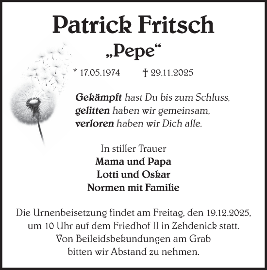 Traueranzeige von Patrick Fritsch von Märkische Oderzeitung