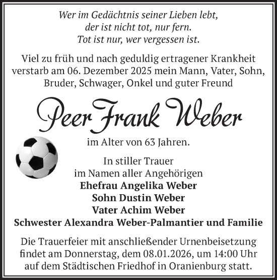 Traueranzeige von Peer Frank Weber von Märkische Oderzeitung