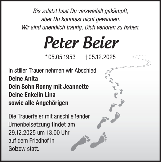 Traueranzeige von Peter Beier von Märkische Oderzeitung