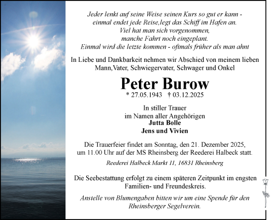 Traueranzeige von Peter Burow von Märkische Oderzeitung