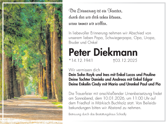 Traueranzeige von Peter Diekmann von Blickpunkt Königs Wusterhausen